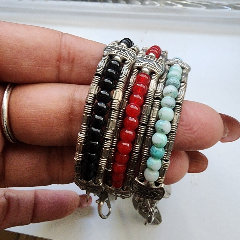 Colombian Silver Wire Wrapped Beaded Bracelets Set Of 3
